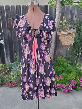 Trashy Diva Bubble Print Black Ruffled  Dress with Pink Accents